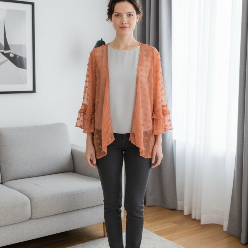Evening Orange Puffed Sheer Cardigan Top with Long Sleeve in‎ Size XL - NWOT
